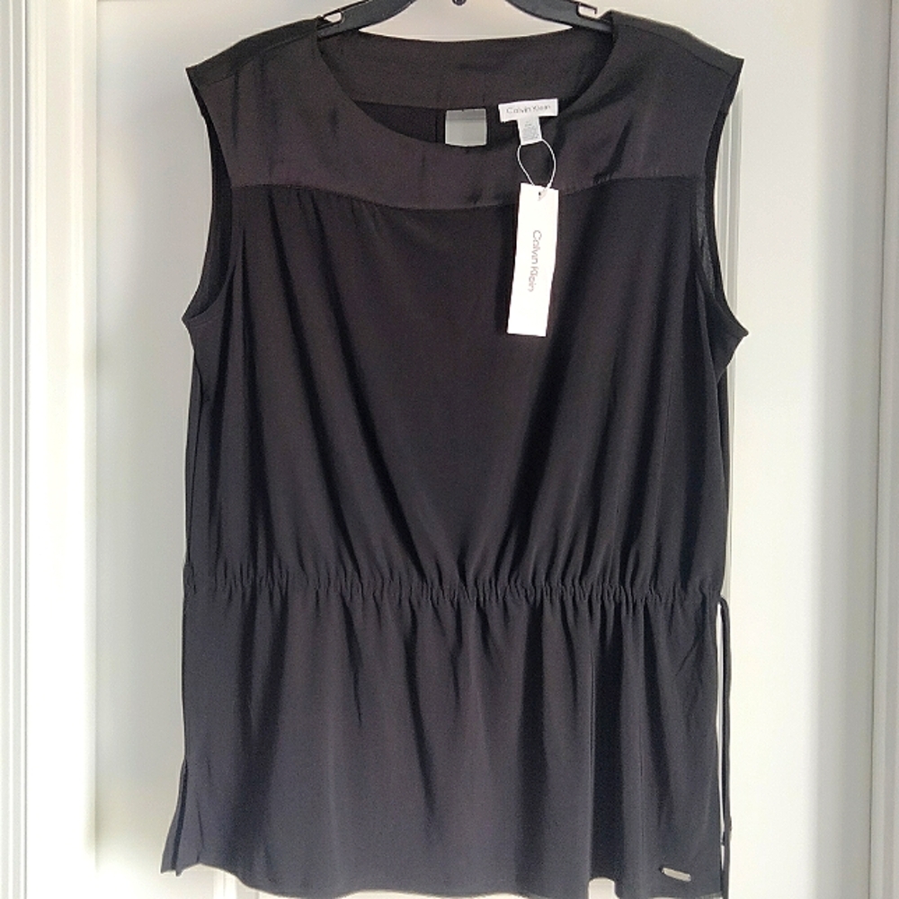 NWT L Calvin Klein Black Drawstring Peplum Keyhole Back Modal Sleeveless Top NEW